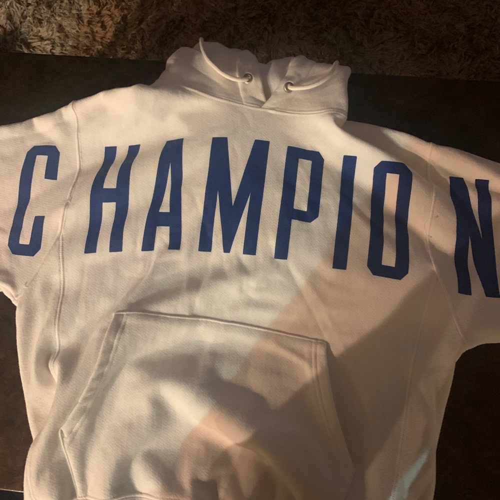 White/blue Champion hoodie never worn
